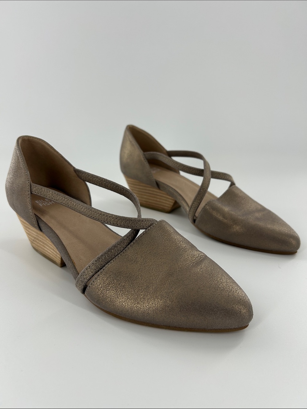Eileen Fisher Poet crisscross d’Orsay Suede Pumps Stacked heels metallic taupe 8